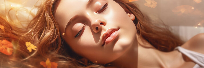 Obraz premium Beautiful young girl smiling with closed eyes. Pleasure and happiness. Banner with space for text with beautiful bokeh