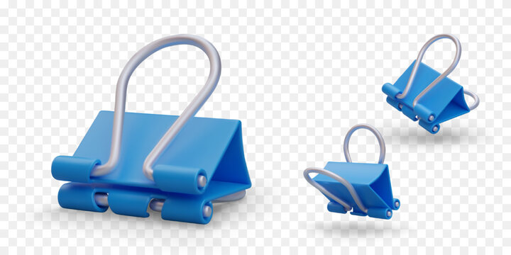 Set of binder clips. Blue paper clip with metal handles. Office supplies for binding sheets of paper together. Isolated icons. Paper clamp, clasp. Objects in different positions