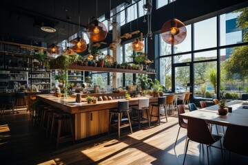 Fototapeta na wymiar Communal kitchen area in a coworking space where members socialize, Generative AI