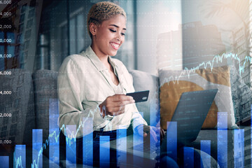 Woman, laptop and home trading with credit card for stock market investment, graph overlay and finance or sales. African trader or entrepreneur on computer and sofa for banking with finance increase