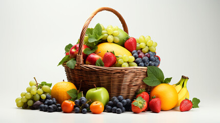 Naklejka na ściany i meble A basket full of fruits, white gradient background. Modified Generative Ai image.