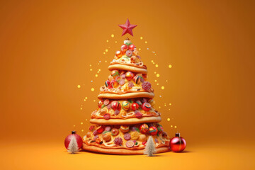 Christmas composition with a Christmas tree of pizza. Christmas pizza for the menu. Winter holiday...