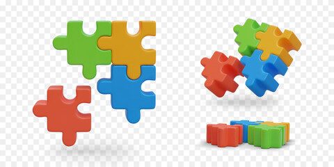 3D colorful puzzles in different positions. Selection of necessary element. Finding right solution. Symbol of solving problems. Isolated vector illustration. Business concept