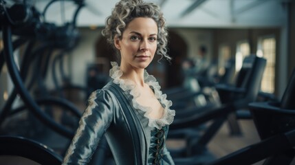 Beautiful, aristocratic woman, countess in elegant dress standing in modern gym. Concept of eras comparison, vintage and modernity, art - obrazy, fototapety, plakaty