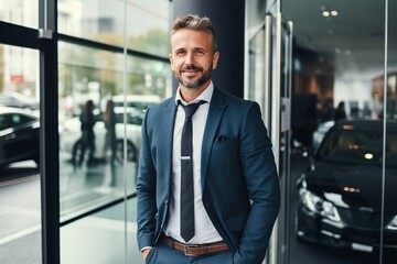 Handsome successful businessman standing in car showroom - obrazy, fototapety, plakaty