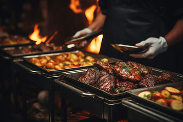 a plate of different grilled meat in a barbeque restaurant buffet.  restaurant and food advertising campaign or website.