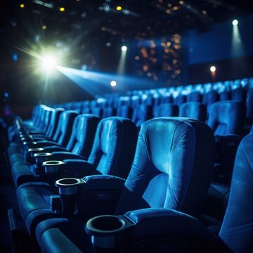 Empty cinema hall with seats. neon colored image,. Lights. Making performance. Popular leisure activity. Concept of lifestyle, art