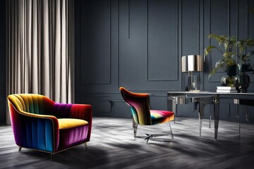Concept of luxury and success with multi colored velvet armchair, job vacancy. - obrazy, fototapety, plakaty
