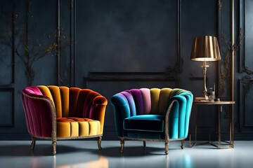 Concept of luxury and success with multi colored velvet armchair, job vacancy.