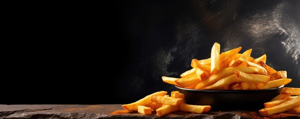 French fries chips on dark luxury stone table of restaurant kids food, panorama banner. Generative Ai - obrazy, fototapety, plakaty