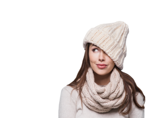 Winter portrait of beautiful young woman looking up isolated in transparent PNG. Pretty joyful cheerful girl studio shot