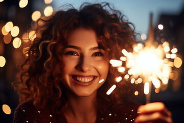 woman holding a sparkler to celebrate new year. party event marketing campaign background for agencies - obrazy, fototapety, plakaty