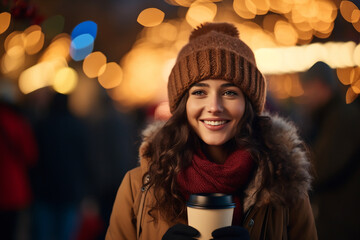 beautiful brunette woman with winter hat in the city during christmas time. 