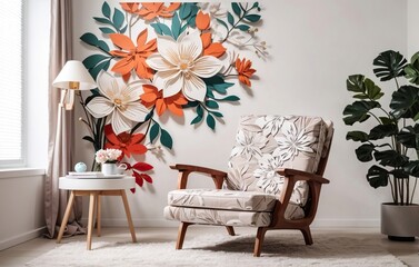 Armchair with Table and Lamp And Flowers in Trendy Vase with Floral Frame in Wall, Nobody Interior Modern Living Room, using Generative Ai