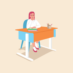 vector illustration of a schoolgirl sitting at a desk	