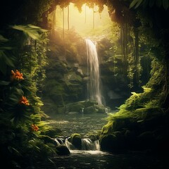 garden of eden waterfall nature cinematic - obrazy, fototapety, plakaty