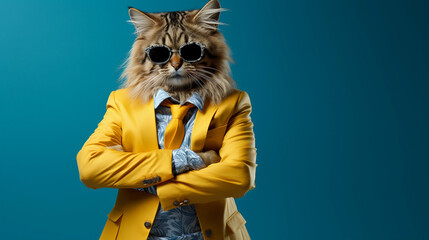 Portrait of cat wearing a yellow color suit tie and sunglasses on blue color background with arms crossed
