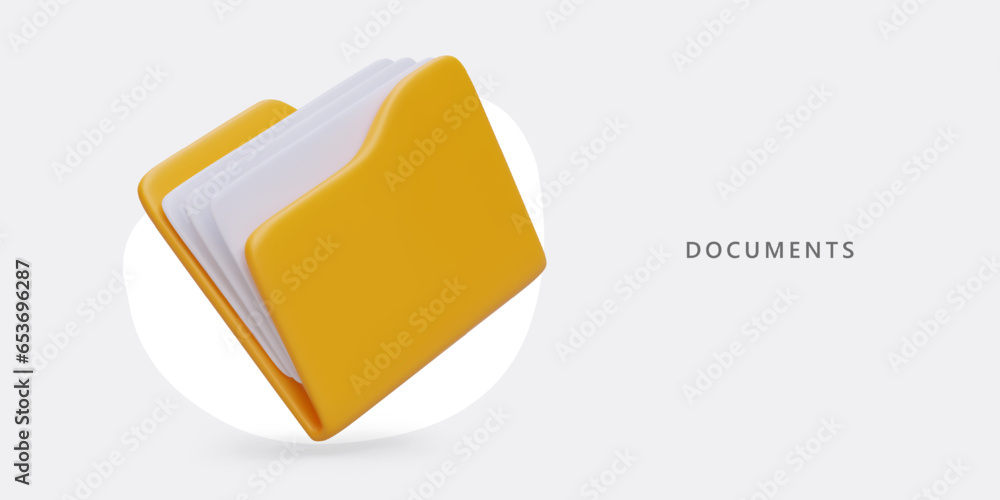 Aufkleber 3d yellow folder with documents. sorting and storing files. data archiving. server services. adverti