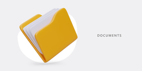 3D yellow folder with documents. Sorting and storing files. Data archiving. Server services. Advertising of stationery store. Storage of documents by notary. Vector concept with illustration