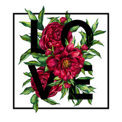 Word love with red peonies and leaves. Black letters in flowers peony - 653696696