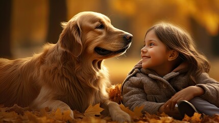 a little girl joyfully embracing a golden retriever Labrador amidst a sea of golden leaves.