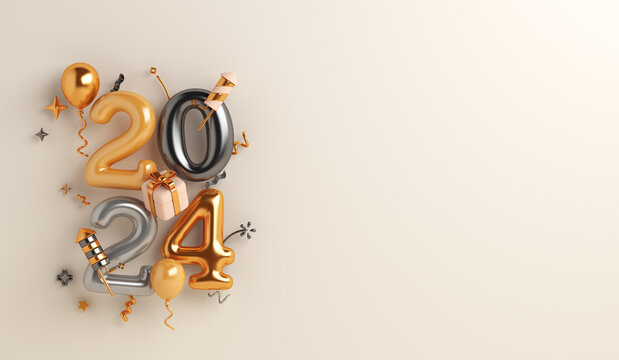 Happy new year 2024 decoration background with balloon, firework rocket, gift box, 3D rendering illustration