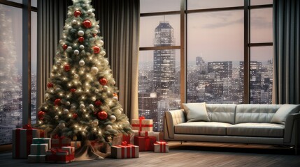 Christmas tree taking center stage in a festively decorated living room with a modern touch.