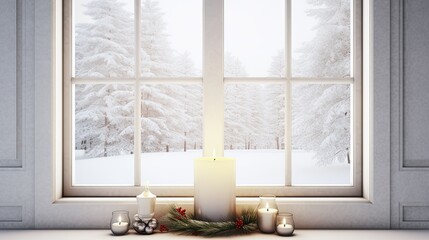 featuring a candlestick near a snow-covered window, creating a modern and minimalist Christmas background. - obrazy, fototapety, plakaty