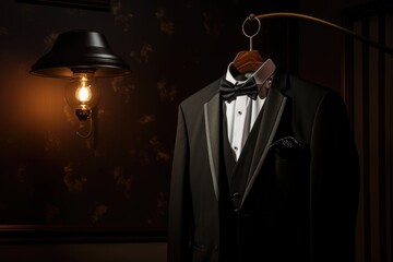 Black suit, weighs on a trempel, on a dark background