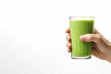 Hand holds a glass of fresh green smoothie. Summer drink milkshake and refreshment organic concept with copy space