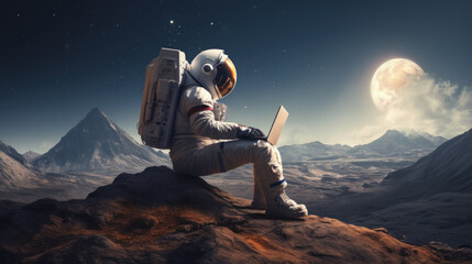 An astronaut in space works on a laptop against the backdrop of mountains on an alien planet - obrazy, fototapety, plakaty
