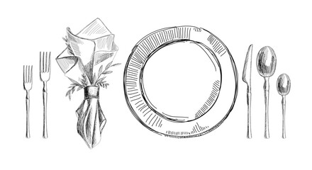 A set of dishes for the wedding table. Black and white sketch. Vector - obrazy, fototapety, plakaty