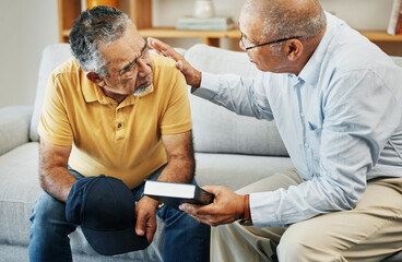 Men, home and bible with support for faith, worship and prayer by pastor, church or jesus christ....