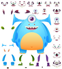 Cute monster cartoon character constructor kit with body parts changeable eyes, ears, horns, mouths, teeth, legs, hands, tails for monster creation