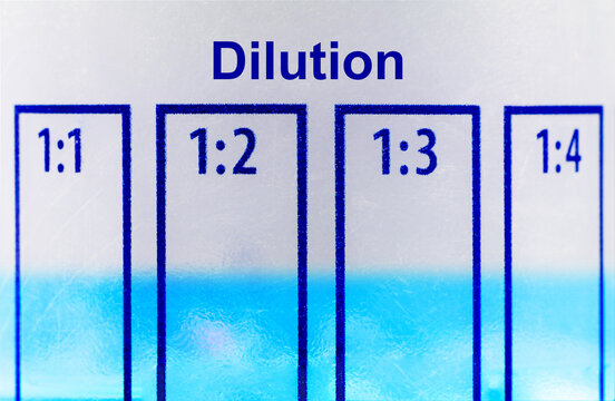 Close up a dilution ratio label of concentrated liquid chemicals on plastic bottles.