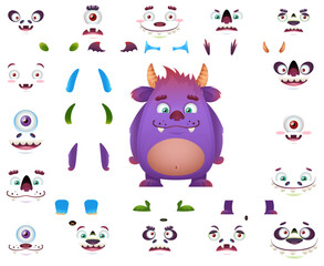 Cute monster cartoon character constructor kit with body parts changeable eyes, ears, horns, mouths, teeth, legs, hands, tails for monster creation