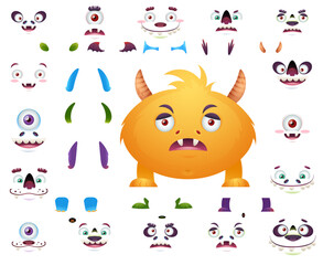 Cute monster cartoon character constructor kit with body parts changeable eyes, ears, horns, mouths, teeth, legs, hands, tails for monster creation