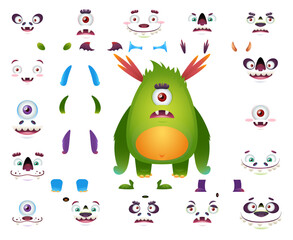 Cute monster cartoon character constructor kit with body parts changeable eyes, ears, horns, mouths, teeth, legs, hands, tails for monster creation