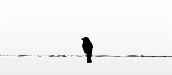 Black and white bird illustration of a silhouette on a wire - Powered by Adobe