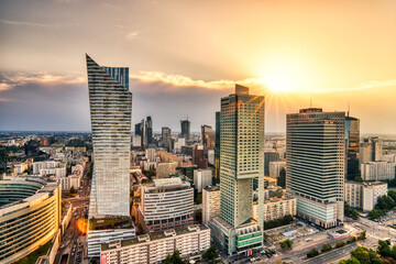Warsaw City Aerial View with Modern Skyscrapers at Sunset