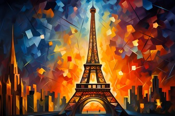 Cubist representation of the Eiffel Tower at night