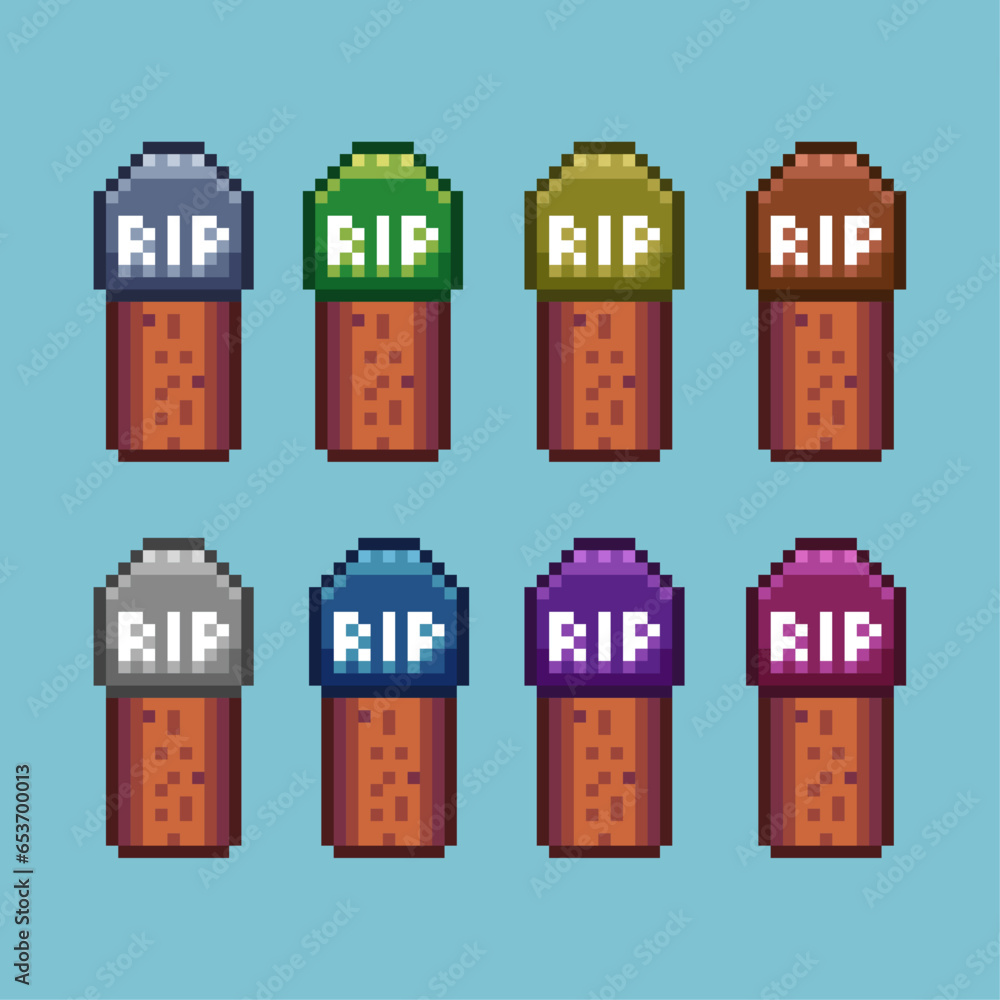 Poster pixel art sets of rip grave halloween with variation color item asset simple bits of grave on pixela