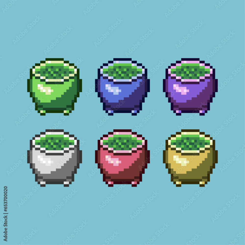 Poster pixel art sets of halloween poison witch with variation color item asset simple bits of cauldron on 