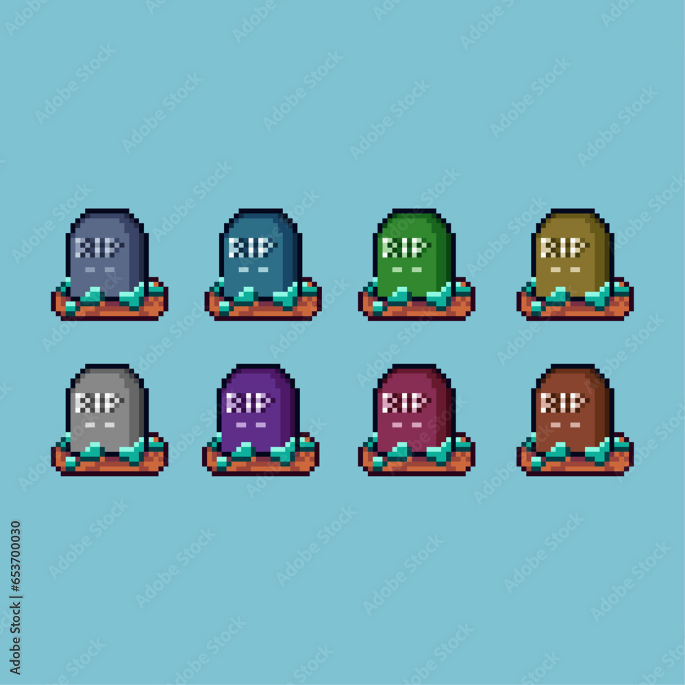 Poster pixel art sets of rip grave halloween with variation color item asset simple bits of grave on pixela