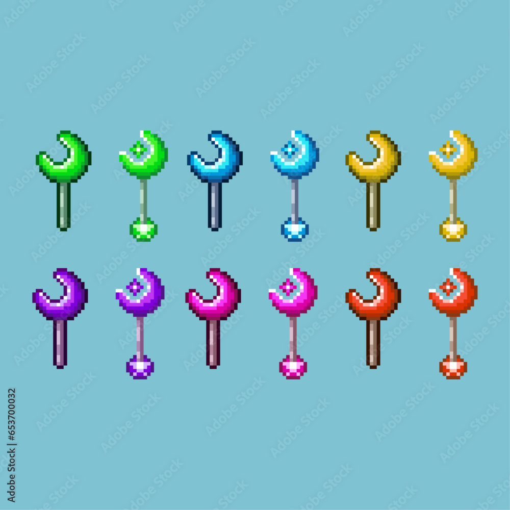 Poster pixel art sets of mage weapon rpg game with variation color item asset simple bits of magic wand on 