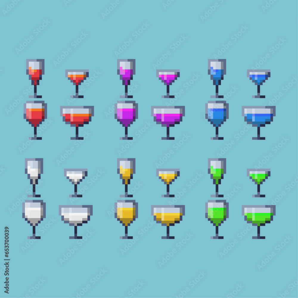 Poster pixel art sets of drink juice with variation color item asset simple bits of juice on pixelated styl