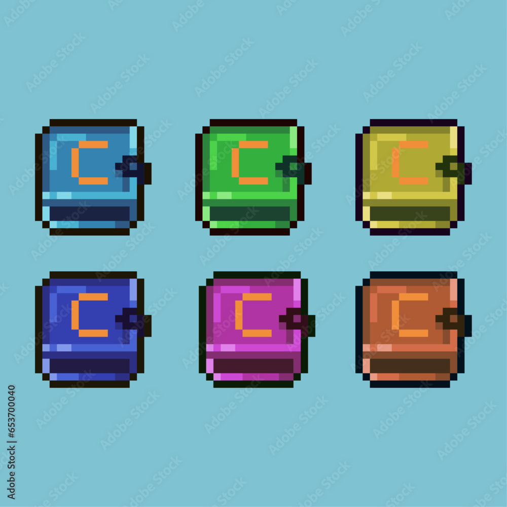 Fototapete pixel art sets of wallet item with variation color item asset. simple 8bits of wallet saving currenc