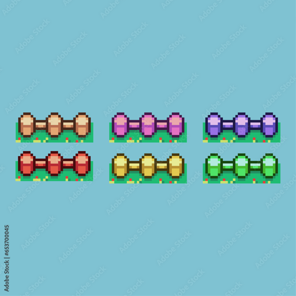 Poster pixel art sets of fence tile set with variation color item asset simple bits of fence gate on pixela