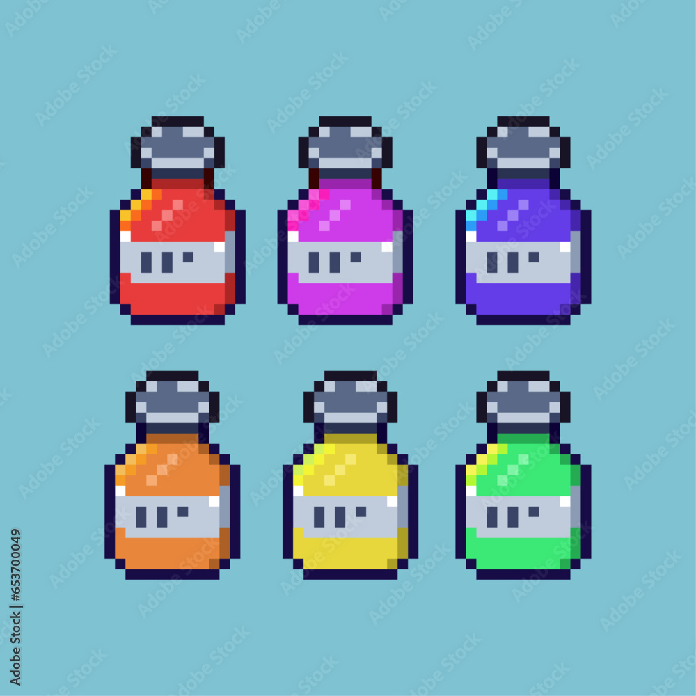 Poster pixel art sets of bottle with variation color item asset simple bits of colorful bottle decoration o