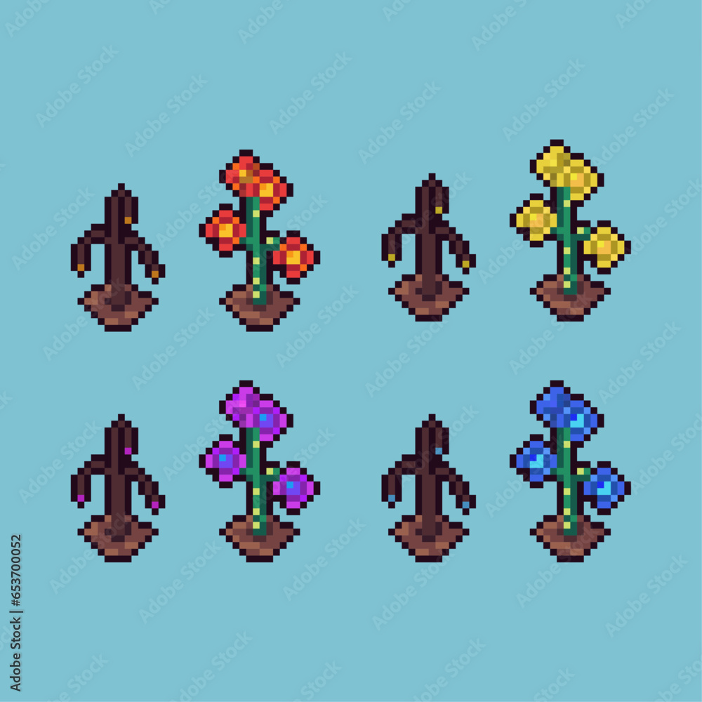 Poster pixel art sets of flower plant and dead plant with variation color item asset simple bits of plant o